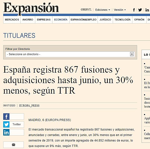 Espaa registra 867 fusiones y adquisiciones hasta junio, un 30% menos, segn TTR